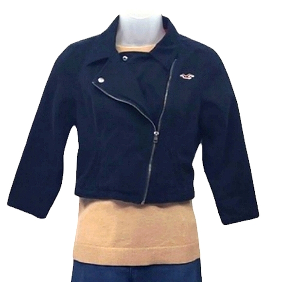 Hollister Crop Jean Jacket Chelsea Collar Blazer Asymmetrical Zip Up Blazer Coat - Picture 1 of 17